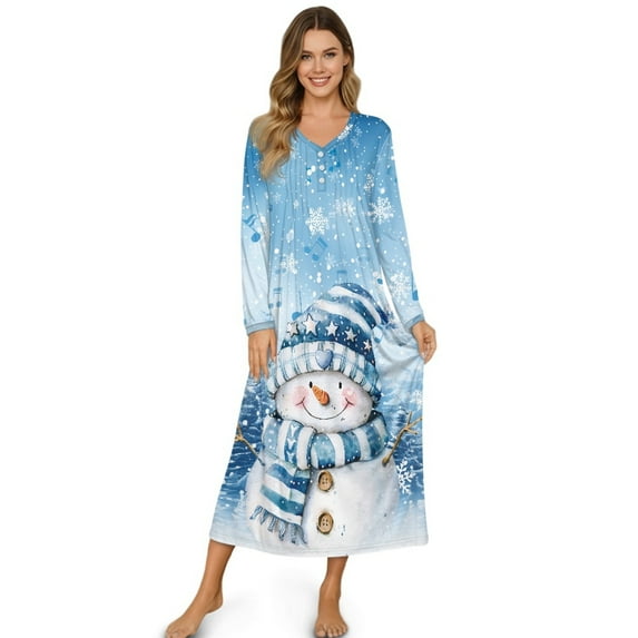 DISNIMO Snowman Snowflake Printed Womens Long Sleeve Nightgown Full Length Sleepwear Button Front Nightshirt Long Comfy Sleepshirt House Dress, 3XL
