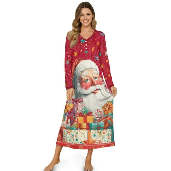 DISNIMO Snowman Snowflake Printed Womens Long Sleeve Nightgowns Full Length Sleepshirts Soft V Neck Sleepwear Button Up Night Gowns, 4XL