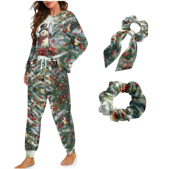 DISNIMO Snowman Tree Print Women Pajama Set Long Sleeve Sleepwear with Elastic Hairband Casual Loose Loungewear with Pockets Fashion Christmas Lounge Set with Long Pants, S