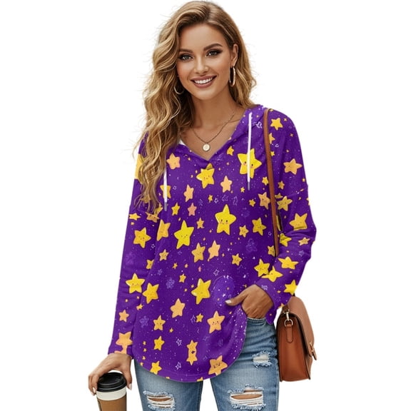 DISNIMO Star Printed Sweatshirts for Women Trendy Hoodies Long Sleeve Pullover Tops V Neck Shirts for Daily Wear, 2XL