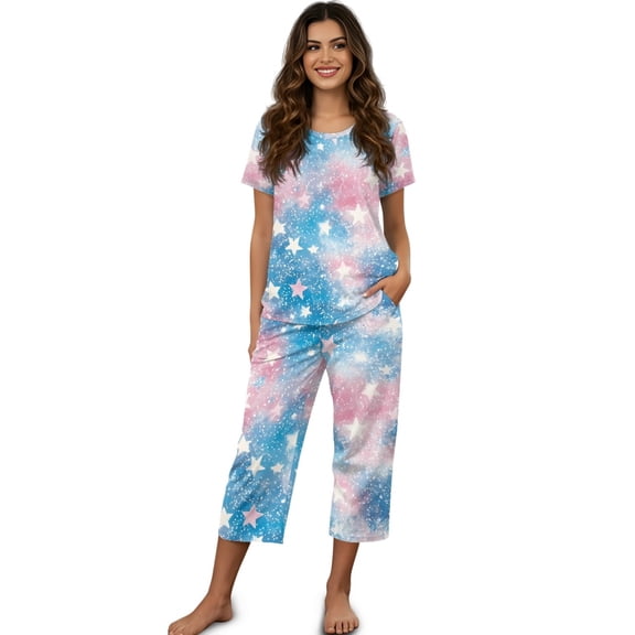 DISNIMO Star Printed Womens Pajama Set Soft 2 Piece Lounge Set Summer Sleepwear Tops and Capri Pant Pjs for Home, 4XL