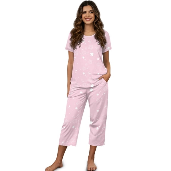DISNIMO Star Printed Womens Pajama Sets Soft Sleepwear Short Sleeve Tops and Capri Pant Pjs Lounge, L