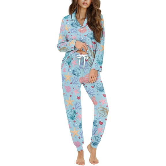 DISNIMO Starfish Shell Printed Womens Pajama Sets 2 Piece Pjs Button Down Sleepwear Long Sleeve Lounge Set with Pockets Fashion Soft Nightwear with Long Pants