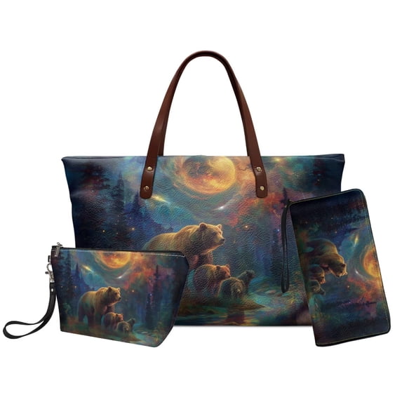 DISNIMO Starry Bear Print Handbag Set of 3 PU Leather Tote Handbag, Wristlet Wallet and Makeup Pouch for Women Fashion Top Handle Purse for Daily Use