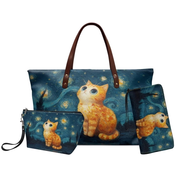 DISNIMO Starry Cat Print Handbag Wallet Set for Women Large Top Handle Handbag with Matching Wallet Zipper Closure Tote Bag and Makeup Pouch, Gift for Lady