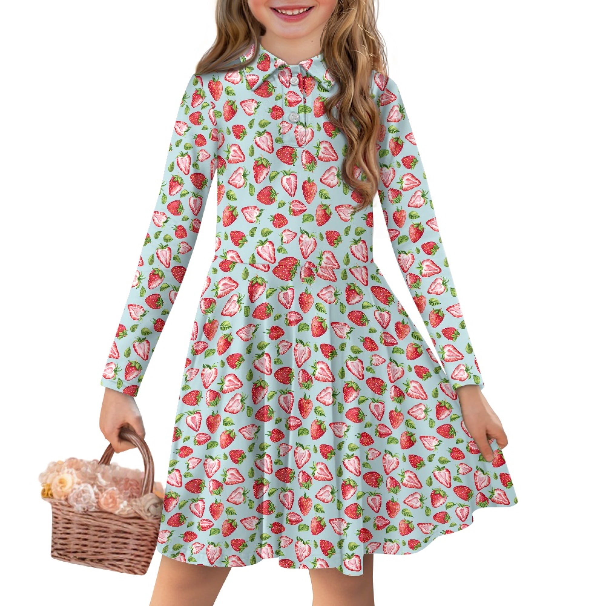 DISNIMO Strawberry Dress Girls 3/4 Dresses for Kids Long Sleeve Skater ...