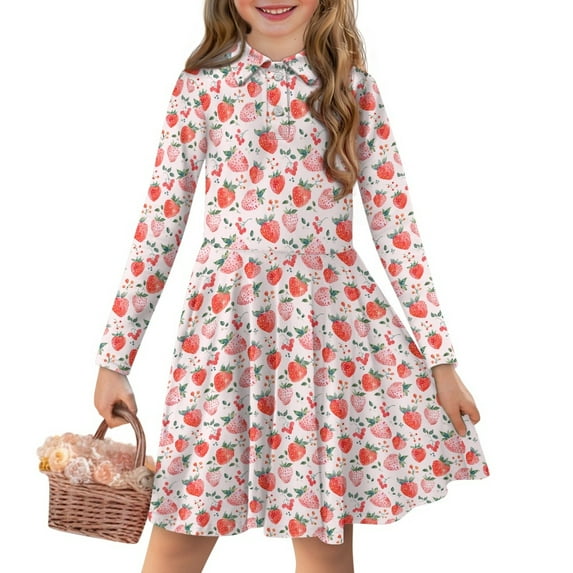 DISNIMO Strawberry Dress Girls 4/5 Dresses for Kids Pink Dress Girls Midi Long Sleeve Dress for Girls Skater Dress Knee Length Dress Girls Twirly Dresses for Childrens Holiday Dresses Kids