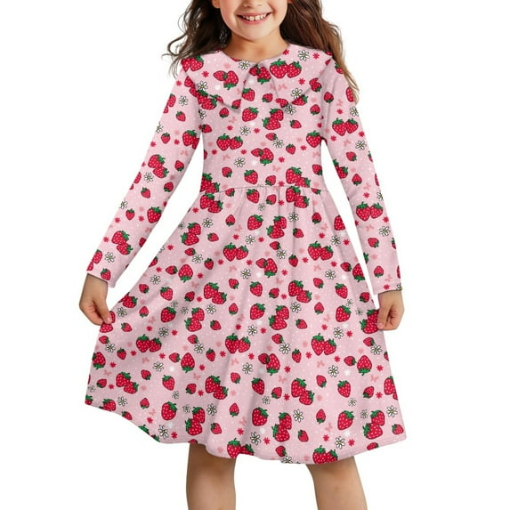 DISNIMO Strawberry Dress Long Sleeve Girls Dresses Size 3-4 Girls Dress Collar Dresses for Kids Pink Long Sleeve Dress Girls Skater Dress Long Sleeve Swing Dresses Girls Daisy Dress Kids