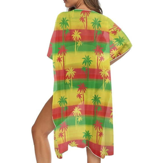 DISNIMO Stripe Plam Tree Print Women's Swimsuit Cover Up Long Summer Loose Beach Coverups Open Front Long Kimono Bikini Cover up