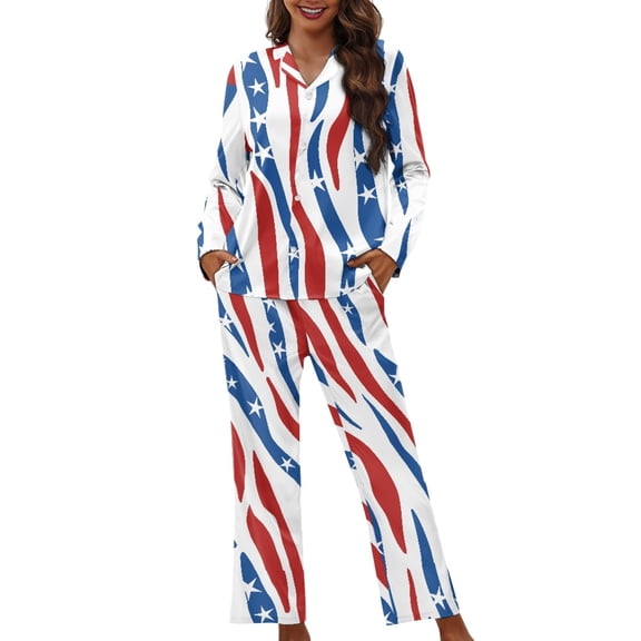 DISNIMO Stripe Star Print Pajama for Women Set Long Sleeve Sleepwear 2 Piece Pjs Set with Long Pants Comfy Button Down Lounge Wear Sets Loose Fit Nightwear with Pocket, 3XL