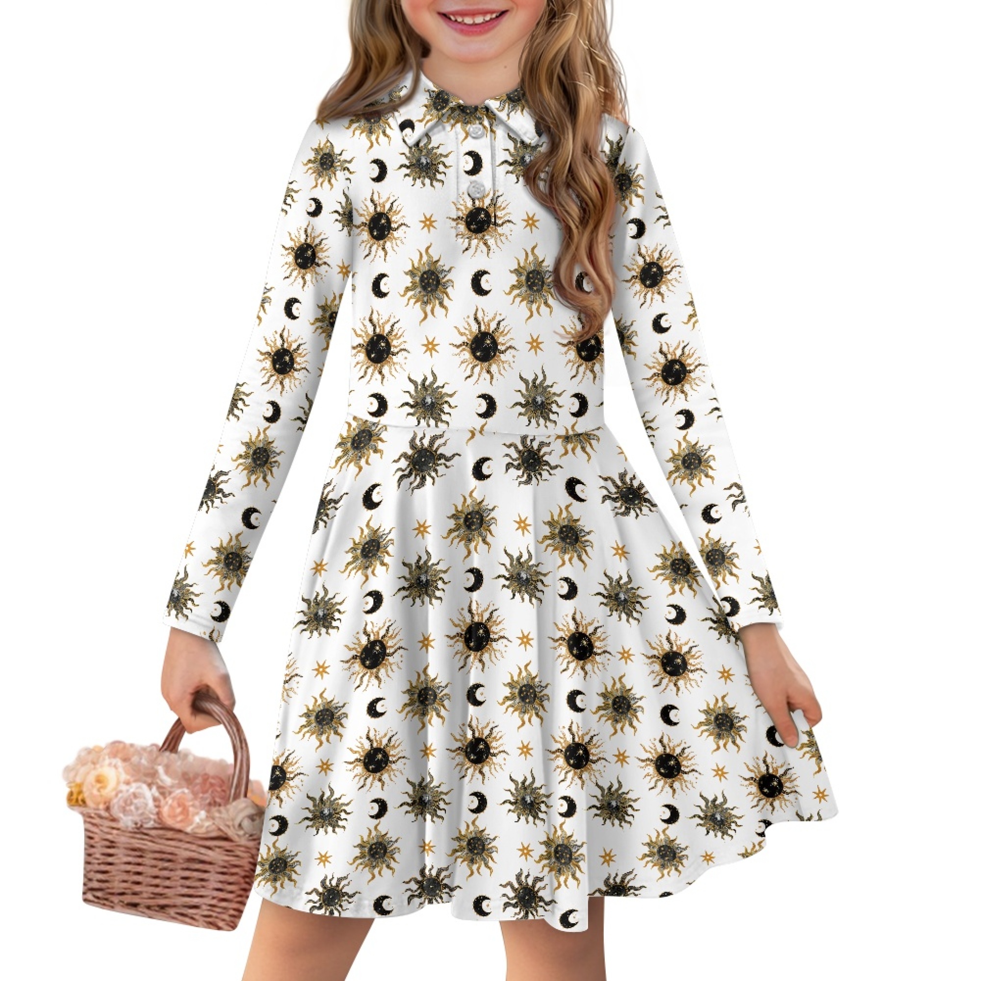 Disnimo Sun Moon Dress for Girls Galaxy Dresses for Children Fall Matching Dresses Girls 7-8 Long Sleeve Dresses with Collars for Girls Button Down