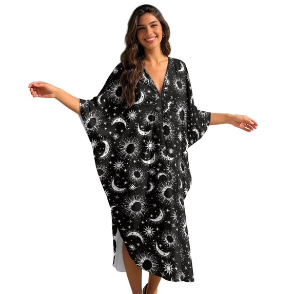DISNIMO Sun Moon Print Women's Plus Size Kaftan Dress Swimsuit Coverup V-Neck Batwing Sleeve Caftan Dresses Lightweight Loose Swimwear Coverups for Party Pool Beach