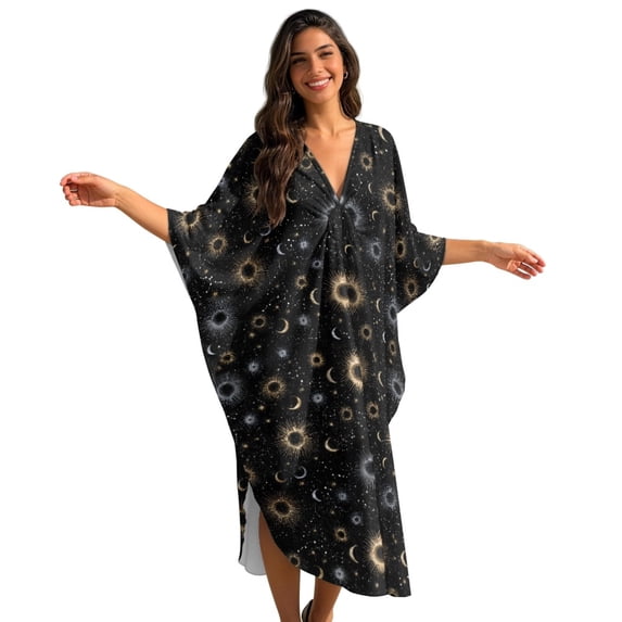 DISNIMO Sun Moon Printed Kaftan Dress for Women Plus Size V-neck Beach Coverups Batwing Sleeve Caftan Maxi Dresses Women's Long Cover Up for Swimsuit