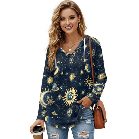 DISNIMO Sun Moon Printed Shirts for Women V Neck Pullover Tops Waffle Sweatshirts Long Sleeve Hoodies for Fall Winter, XL