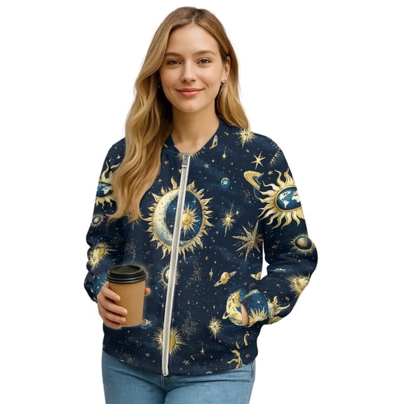 DISNIMO Sun Moon Printed Sweatshirts for Women Star Printed Jackets Zip Up Outwear Long Sleeve Sweatshirts for Fall Winter, 3XL