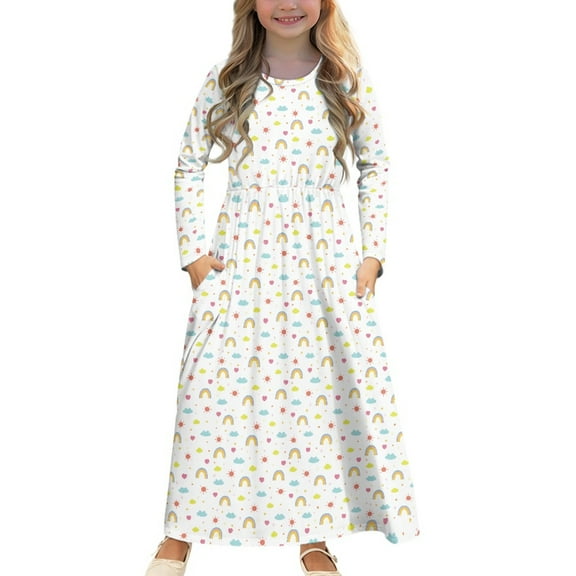 DISNIMO Sun Rainbow Long Sleeve Fall Dresses for Girls Dress Long Sleeve Elegant Dress for Kids Dresses with Pockets for Girls Frocks 7-8Years Dress Long Sleeve Elegant Midi Dress