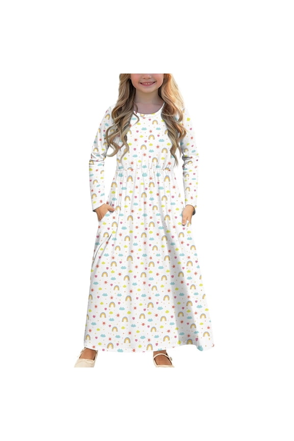 Sun Rainbow Long Sleeve Fall Dresses for Girls Dress Long Sleeve Elegant Dress for Kids Dresses with Pockets for Girls Frocks 7-8Years Dress Long Sleeve Elegant Midi Dress