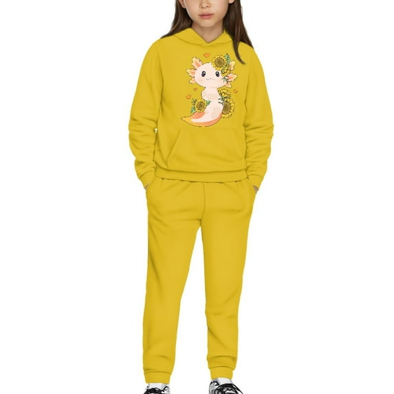 DISNIMO Sunflower Axolotl Hoodies Kids Girls Hoodie And Pants Set for Girls 2 Piece Hoodie Outfits Girls Drop Shoulder Sweatshirt Girls 6-7 Hoodies with Pockets Kids Clothes Girls Hoodies Pullover