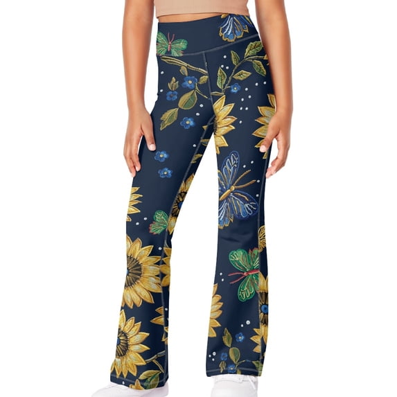 DISNIMO Sunflower Butterfly Yoga Pants for Girls with Flower Flare Leggings for Girls Bell Bottoms Size 13 Kids Flare Pants Outfit Flare Leggings Sport Yoga Pants Wide-Leg Leggings