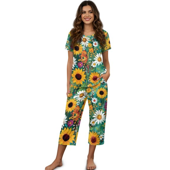 DISNIMO Sunflower Daisy Printed Womens Pajama Sets Comfy Sleepwear Summer 2 Pcs Pjs Set Round Neck Tops and Capri Pant Pjs for Home, 3XL