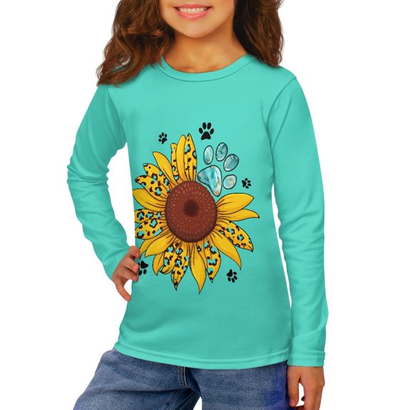 DISNIMO Sunflower Paw Print Shirt Long Sleeve for Kids Long Sleeve Shirts for Girls 13-14 Long Sleeve Shirt Kids Crew Neck Tshirt Girls Long Sleeve T Shirts Soft Kids T Shirt Casual Tops Girls