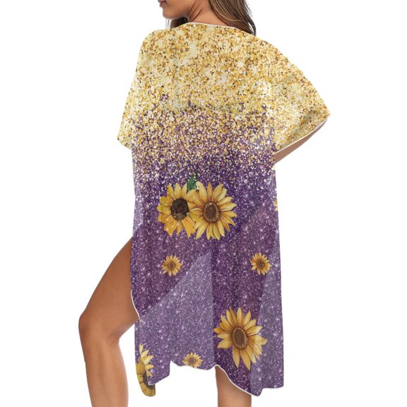 DISNIMO Sunflower Print Beach Cover Ups for Women Kimono Swimsuit Cover up Open Front Cardigan Bikini Coverups Summer Beach Cover Ups Casual Resort Wear