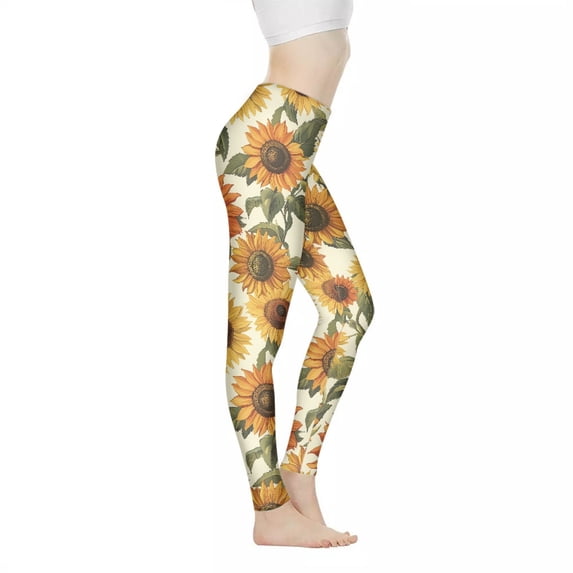 DISNIMO Sunflower Printed High Waisted Yoga Pants Tummy Control Workout Leggings, Breathable Workout Yoga Pants for Sport Yoga Gym, Beige, M
