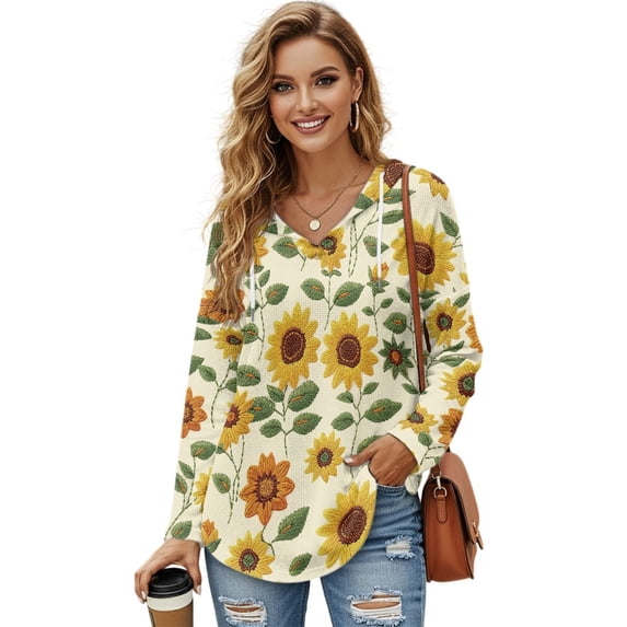 DISNIMO Sunflower Printed Hoodies for Women Long Sleeve Sweatshirts V Neck Pullover Tops Drawstrings Shirts for Women, XL