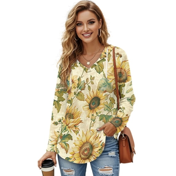 DISNIMO Sunflower Printed Shirts for Women Trendy Hoodies Long Sleeve Sweatshirts Waffle Pullover Tops for Women, 3XL