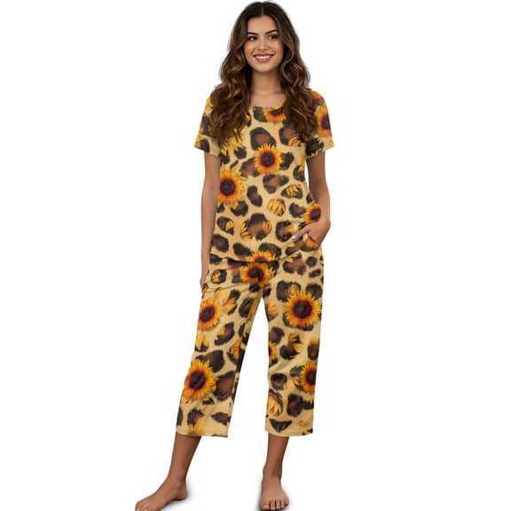 DISNIMO Sunflower Printed Women's Short Sleeve Pajama Sets, Leopard Print Sleepwear Soft 2 Piece Lounge Set Summer Loungewear for Home, M