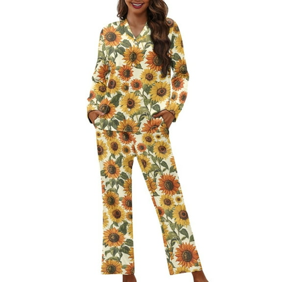 DISNIMO Sunflower Printed Womens 2 Piece Pajama Sets Soft Button Up Sleepwear with Matching Long Pants Loose Fits Nightwear with Pockets Long Sleeve Sleepwear Button Down Comfywear Loungewear, 2XL