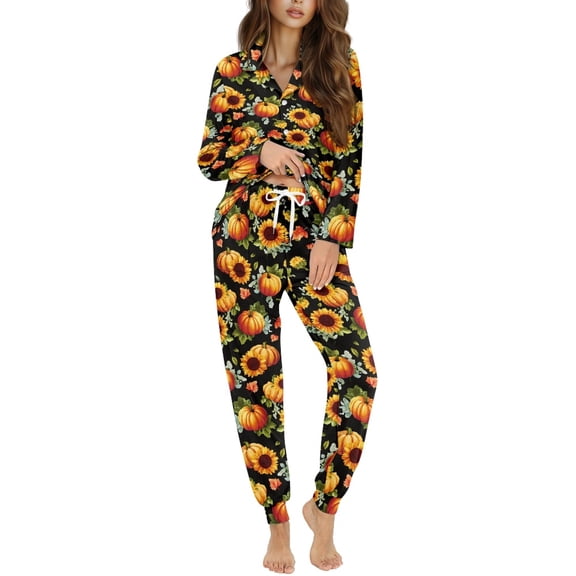 DISNIMO Sunflower Pumpkin Printed Pajama Sets for Women Fall Sleepwear 2 Piece Pj Sets Long Sleeve Top and Long Pajama Pants Sets V Neck Loungewear Nightwear