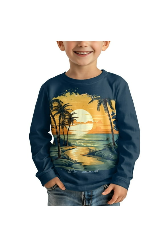 Sunset Palm Tree Boys T Shirt Long Sleeve T Shirts for Kids Crew Neck Tshirt Girls Cute T-Shirts for 7-8 Year Old Girls Clothes Long Sleeve Shirts for Boys Soft Shirts Kids Fall Outfits