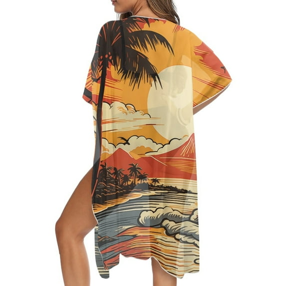 DISNIMO Sunset Palm Tree Print Beach Cover Ups for Women Open Front Long Kimono Swimsuit Cover up Cardigan Bikini Coverups Summer Casual Resort Wear