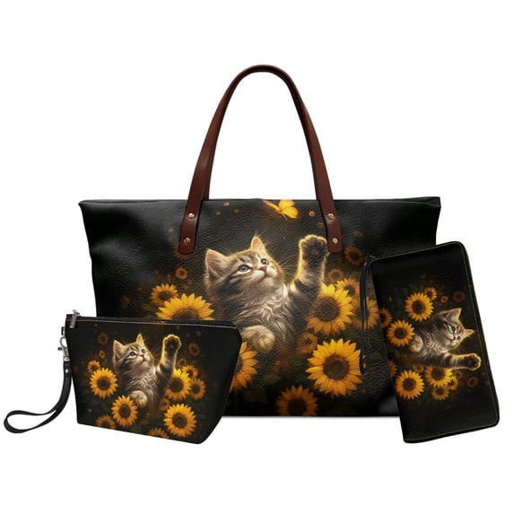 DISNIMO Tabby Cat Print Handbag and Wallet Set Sunflower Butterfly Print Tote Bag Purse with Makeup Pouch Lightweight Leather Satchel Shoulder Bag for Daily Use