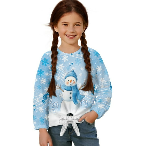DISNIMO Teen Girls Tops Snowman Snowflake Printed Kids Lace Up Long Sleeve T Shirts Music Note Printed Comfy Casual Pullover Tops Tie Front Tee Shirts