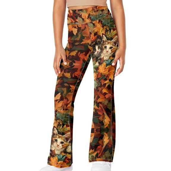 DISNIMO Thanksgiving Cat Bell Bottoms for Girls 7-8 Leggings Flare for Girls High Waisted Yoga Pants with Pockets for Kids Bell Bottoms Leggings for Girls Workout Flare Leggings Dance