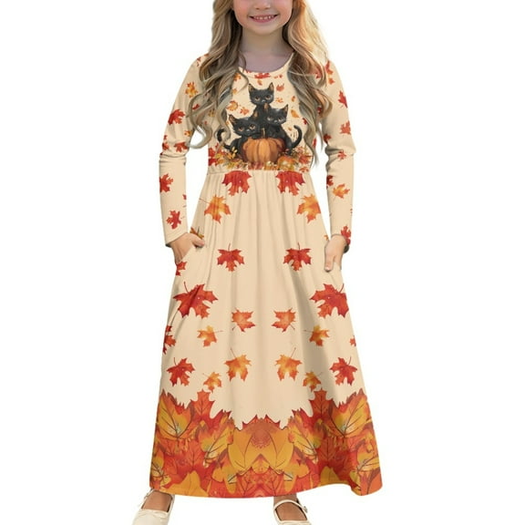 DISNIMO Thanksgiving Cat Pumpkin Kids Dress Long Sleeve Dresses for Girls 7-8 Dress for Kids Dresses with Pockets Kids Long Frocks for Kids Full Sleeve Swing Dress Midi Long Sleeve Fall