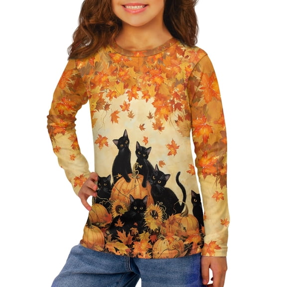 DISNIMO Thanksgiving Cat Pumpkin Long Sleeve Tee for Girls Crew Neck T Shirt Kids Girls Fall Shirts for Girls 3-4 Tshirts Casual Girls Outfits Winter Tops for Kids Soft T Shirts Cute Clothes
