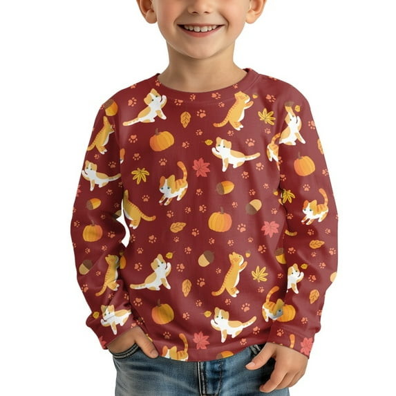 DISNIMO Thanksgiving Cat Pumpkin Tshirt Kids Long Sleeve Shirts for Boys Size 3-4 Shirts for Boys Crew Neck Sweatshirt Kids Long Sleeve Shirt for Boys Kids Casual T-Shirts T-Shirt Outfits Girls