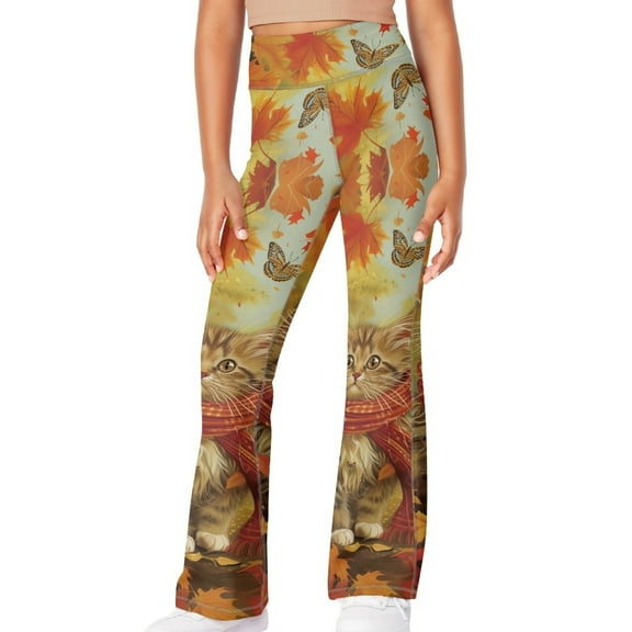 DISNIMO Thanksgiving Fall Cat Bell Bottoms Leggings for Kids Flare Leggings Size 11-12 Girls Flared Yoga Pants Kids High Waist Leggings for Kids High Waist Leggings Girls Bell Bottom Dance