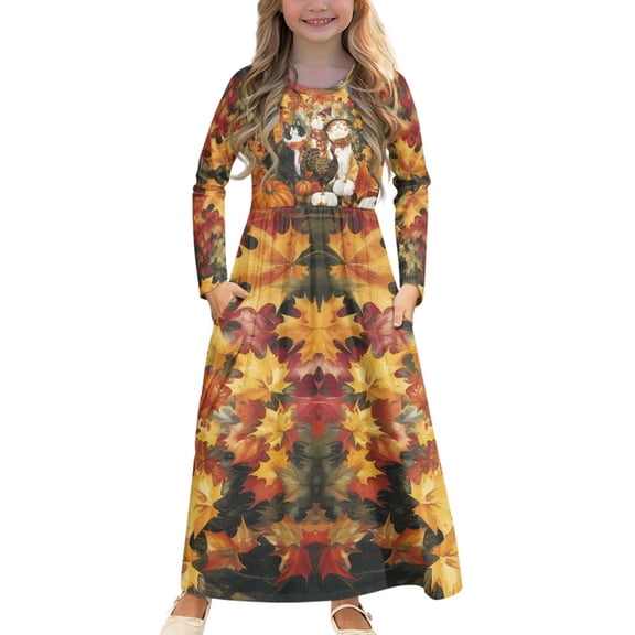 DISNIMO Thanksgiving Fall Cat Kids Dresses 5-6T Years Old Long Sleeve Girls Dress with Long Sleeves and Pockets for Kids Frocks Girls Party Wear girls Long Sleeve Mini Dress Casual