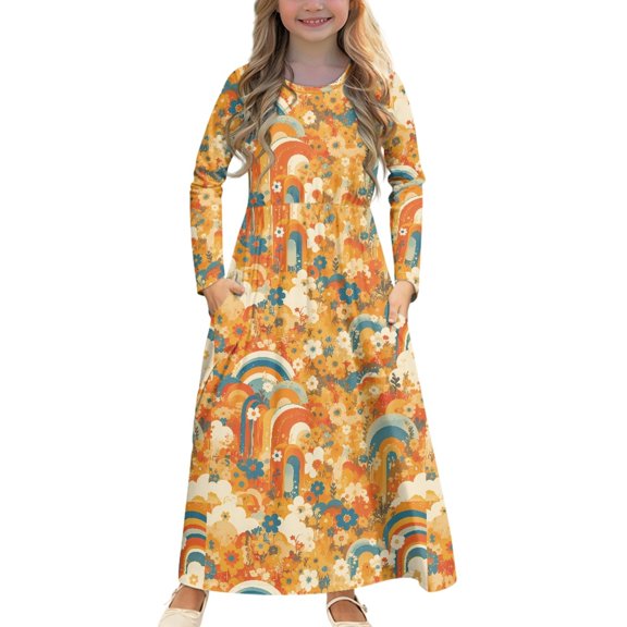 DISNIMO Thanksgiving Fall Flower Dress for Kids Girls 7-8 Dresses Long Sleeve Elegant Dress for Kids Girls Fall Dress Long Sleeve Frock for Kids Swing Dance Dress Girls Cute Long Sleeve