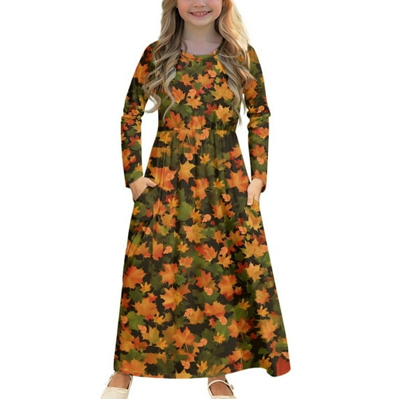 DISNIMO Thanksgiving Fall Girls Long Sleeve Dress size 7-8 Dress for Girls Long Sleeve Dress with Pockets for Kids Holiday Dresses for Girls Swing Dress Long Sleeves Fall Floral Midi