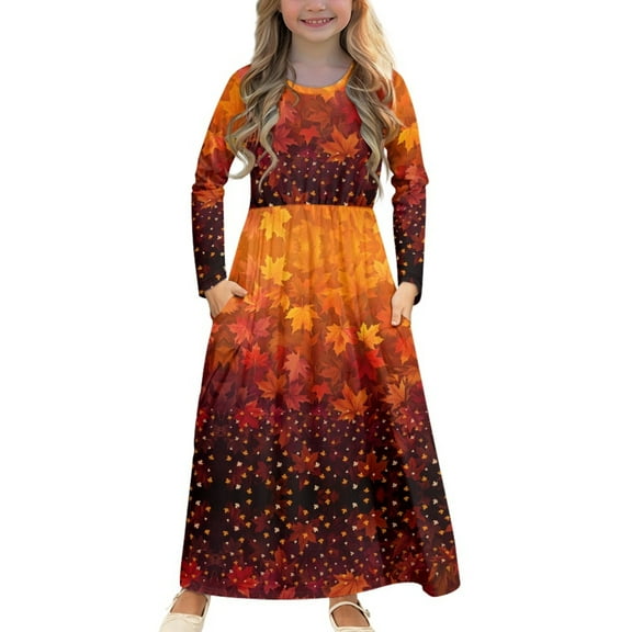DISNIMO Thanksgiving Fall Long Sleeve Dress for Kids Dresses for Girls 5-6 Long Sleeve Girls Dress with Pockets Kids Swing Dress Long Sleeve for Kids Midi Dress Fall Crew Neck Dress