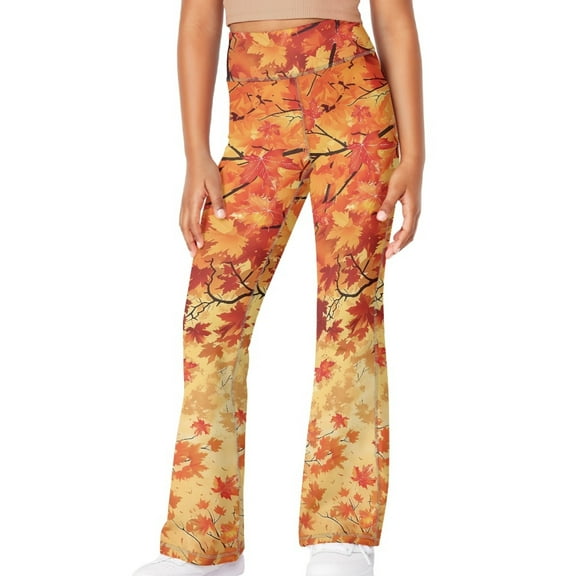 DISNIMO Thanksgiving Fall Maple Kids Flare Leggings Size 5-6 Bell Bottoms for Girls Bell Bottoms Leggings with Pockets Flare Leg Yoga Pants for Girls Bell Bottom Pants Girls High Waist
