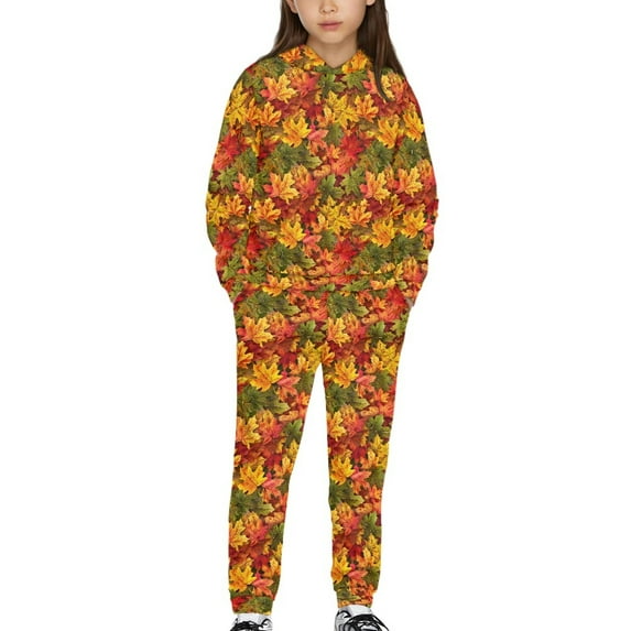 DISNIMO Thanksgiving Fall Maple Leaf Hoodie Kids Girls Hoodies Set Size 6-7 Girls 2 Piece Set Outfit for Girls Hooded Sweatshirt with Front Pocket Hoodie for Kids Drop Shoulder Hoodie Clothing Set