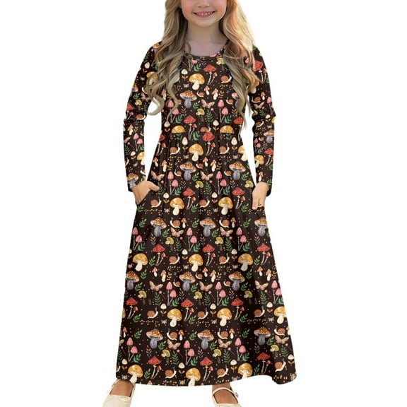 DISNIMO Thanksgiving Fall Mushroom Girls Dress Long Sleeve Size 5-6 Girls Dresses with Pockets for Kids Swing Dance Dress Midi Sun Dress with Long Sleeves Crew Neck Dresses Soft