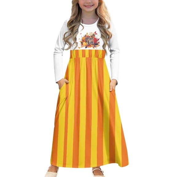 DISNIMO Thanksgiving Fall Pumpkin Dress for Kids Girls 13-14 Dresses Long Sleeve Elegant Dress for Kids Girls Fall Dress Long Sleeve Frock for Kids Swing Dance Dress Girls Cute Long Dress