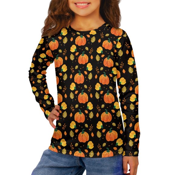 DISNIMO Thanksgiving Fall Pumpkin T-Shirts for Kids Girls Long Sleeve Shirts With Cuffs for Kids Shirt Girls Long Sleeve T Shirts Size 13-14 Girls Long Sleeve Tee Shirts for Girls Tees Shirts